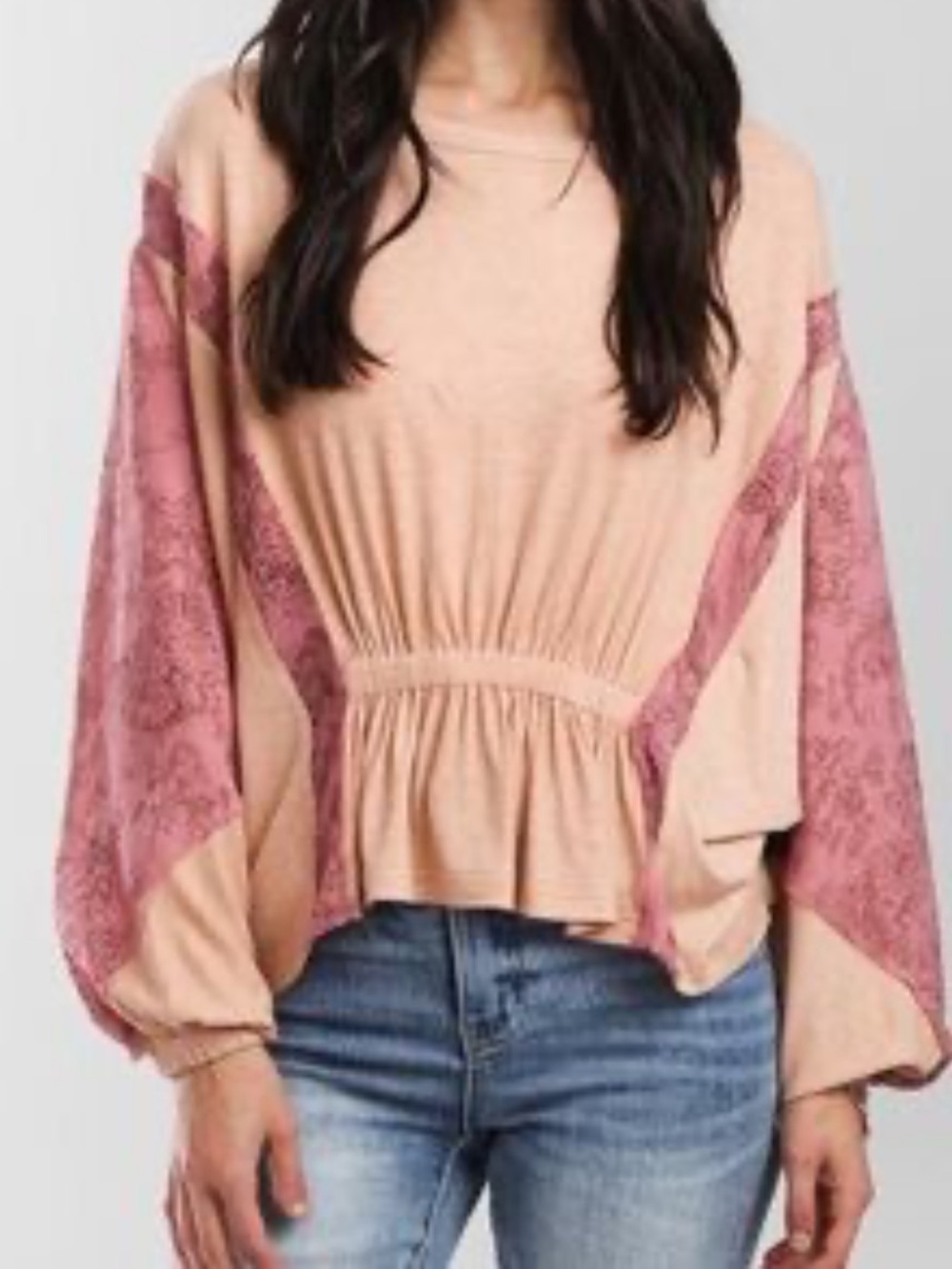 Gimmicks by BKE Mauve Boho Lace Peplum Blouse Rayon Oversized Dolman Sleeves